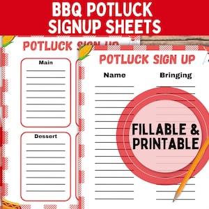BBQ Potluck Signup Sheet; Fillable & Printable for Summer Potluck Party; Summer Potluck Sheet; Summer Cookout Sign Up