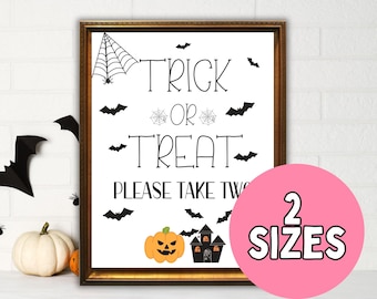 Letrero de "Por favor, tome dos dulces de Halloween" para la noche de Halloween; letrero de puerta de "truco o trato"; letrero de porche de Halloween