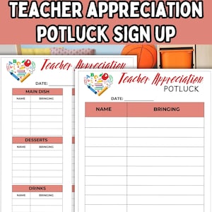Può includere: Due fogli stampabili per iscriversi a un potluck di apprezzamento per gli insegnanti. I fogli sono bianchi con testo rosso e nero. Il foglio superiore ha un cuore rosso con un design ABC. Il foglio inferiore ha uno striscione rosso con le parole "Teacher Appreciation Potluck".