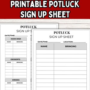 Potluck-Anmeldeblatt PDF; Druckbares Formular für Arbeit, Kirche oder Schule; Minimalistischer Potluck Signup Sheet