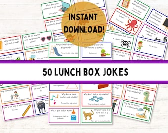 blagues sur la boîte à lunch pour enfants ; 50 notes de boîte à lunch imprimables ; Blagues sur la rentrée des classes ; Devinettes pour enfants : téléchargement immédiat ; blagues pour enfants ; Blagues Boîte À Déjeuner