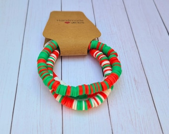 Christmas Heishi Bracelet Stack; Clay Bead Bracelets; Christmas Bracelets; Stretch Bracelet Pack; Green and Red Bracelet