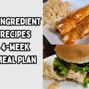 Budget Meal Plan Apr 2025; 5-Ingredient Recipes; 4-Week Meal Plan, Pre-Filled Grocery Lists, Cost Breakdown, Dairy Free/Gluten Free Alts