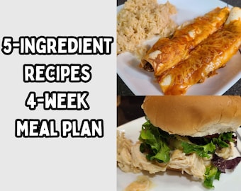 Budget Meal Plan Apr 2025; 5-Ingredient Recipes; 4-Week Meal Plan, Pre-Filled Grocery Lists, Cost Breakdown, Dairy Free/Gluten Free Alts