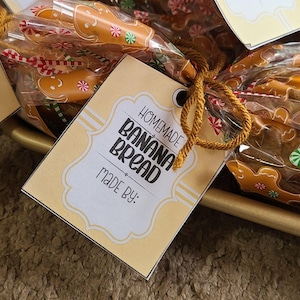 Étiquettes cadeaux Pain aux bananes ; Etiquettes cadeaux imprimables pour sacs à friandises ; Recette de pain aux bananes ; Etiquettes cadeaux pour pâtisseries