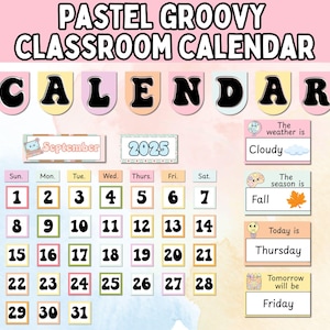 Klassenzimmer-Kalender-Set druckbar; Pastell Groovy Klassenzimmer Dekor; Retro-Klassenzimmer-Kalender; Wetter- und Wochentageanzeige; Lehrtafel