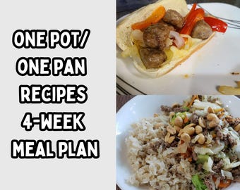 Budget 4-Week Meal Plan; One Pot and One Pan Recipes; Pre-Filled Grocery Lists, Cost Breakdown, Dairy Free/Gluten Free Alts