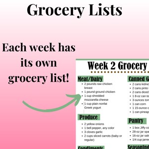 K&ouml;nnte beinhalten: Eine rosa und gr&uuml;ne Einkaufsliste f&uuml;r Woche 2. Die Liste enth&auml;lt Artikel f&uuml;r Fleisch/Milchprodukte, Konserven, Obst und Gem&uuml;se, Vorratskammer, Gew&uuml;rze und Gew&uuml;rze. Die Liste enth&auml;lt Artikel wie 2 Pfund rohe H&auml;hnchenbrust, 1 Pfund Hackfleisch, 1 Tasse geriebener Mozzarella-K&auml;se, 1 Tasse fettfreier griechischer Naturjoghurt, 2 Dosen Kidneybohnen, 2 Dosen Pintobohnen, 2 Dosen gehackte Tomaten, 1 Dose Tomatensauce (180 g), 85 g Tomatenmark, 1 Dose Mais, 1 Dose Mais (425 g), 1 Dose Ananas, 2 gelbe Zwiebeln, 1 Paprika, 3 Knoblauchzehen, 2 Tassen geschnittene Karotten, 1 Packung Jiffy Corn Muffin Mix, 1 Glas Spaghettiso&szlig;e (800 g), 1 Glas Salsa (450 g), 60 ml eingelegte Jalape&ntilde;os.
