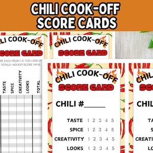 May include: Printable chili cook-off scorecards with a red chili pepper design. Each card has a section for chili number, taste, spice, creativity, looks, and total score. The text on the card reads "Chili Cook-Off Score Card".