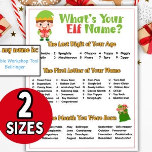 May include: A What's Your Elf Name game sheet featuring a cartoon elf, a name generator chart based on age, name, and birth month, and a text box stating Hi, my name is: Nimble Workshop Tool Bellringer, with a red circle overlay saying 2 SIZES.