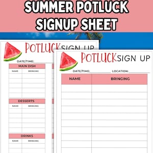 Summer Potluck Anmeldung als PDF; Druckbares Formular für Arbeit, Kirche oder Schule;  Potluck Einschreibezettel