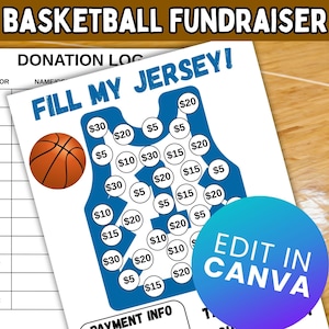 Fülle meinen Jersey; Basketball-Spendenaktion zum Ausdrucken; Spendenbogen als PDF; Basketball-Mannschaft; Basketball-Spendenaktions-Vorlage; Bearbeitbar in Canva
