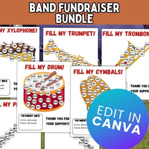 Può includere: Pacchetto di raccolta fondi per una banda con sei grafici di donazione per strumenti musicali: xilofono, tromba, trombone, batteria, piatti e ottavino. Ogni grafico ha cerchi con importi di donazione. Testo include "Fill My..."