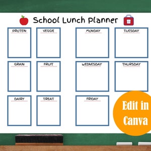 School Lunch Planner; Editable and Printable Lunch Planner for Kids; School Lunch Ideas; Weekly Menu Planner