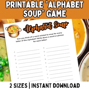 Soup Games PDF; Printable &quot;Alphabet Soup&quot; Game; Soup Party Game; Soup Supper Game; For Church Party, Soup Potluck, Office Party
