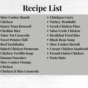 May include: A list of recipes written in black text on a gray background. The list includes recipes such as Slow Cooker Ranch Chicken, Knorr Tuna Broccoli Cheddar Rice, Tater Tot Casserole, Sweet Potato Chili, Beef Enchiladas, Baked Chicken Parmesan, Chicken Tortilla Soup, Banana Pancakes, Slow Cooker Orange Chicken, Chicken & Rice Casserole, Chickpea Curry, Turkey Meatballs, Greek Chicken Pitas, Salsa Verde Chicken, Breakfast Fried Rice, Black Bean Soup, Slow Cooker Ravioli, Caesar Chicken Sandwiches, French Onion Chicken, and Pasta Bake.