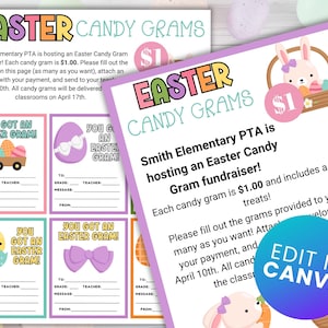 Editable Easter Candy Grams; PTO PTA School Spring Fundraiser; Candy Gram Flyer for Print and Social Media; Easter Bunny Gram