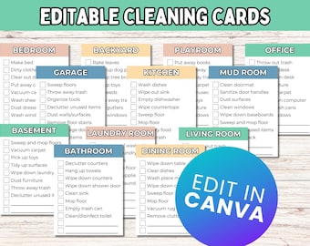 Tarjetas de limpieza editables en PDF; Tarjetas de lista de verificación de limpieza imprimibles; Tarjetas de limpieza profunda; Cuadro de tareas familiares; Editar en Canva;