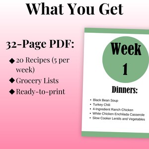 K&ouml;nnte beinhalten: Eine rosa und gr&uuml;ne Grafik mit dem Text "What You Get" und "32-Page PDF:" mit Aufz&auml;hlungszeichen, die "20 Recipes (5 per week)", "Grocery Lists" und "Ready-to-print" auflisten. Ein gr&uuml;ner Kreis mit dem Text "Week 1" und dem Text "Dinners:" mit Aufz&auml;hlungszeichen, die "Black Bean Soup", "Turkey Chili", "4-Ingredient Ranch Chicken", "White Chicken Enchilada Casserole" und "Slow Cooker Lentils and Vegetables" auflisten.