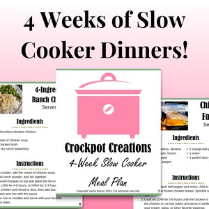 K&ouml;nnte beinhalten: Ein rosa Slow Cooker mit einem gr&uuml;nen Deckel auf wei&szlig;em Hintergrund. Der Text "Crockpot Creations 4-Week Slow Cooker Meal Plan" ist auf dem Bild gedruckt. Copyright Jaime Bacon 2024. Nur f&uuml;r den pers&ouml;nlichen Gebrauch.