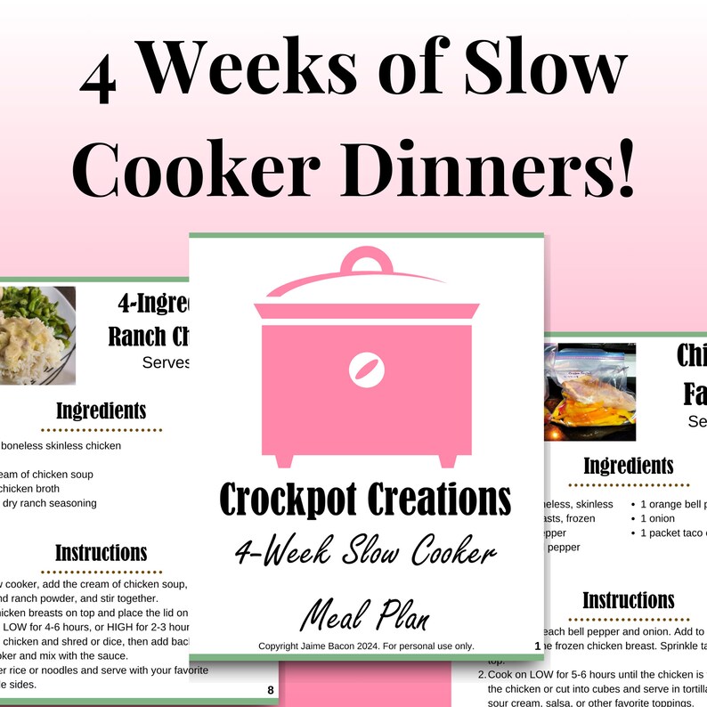 K&ouml;nnte beinhalten: Ein rosa Slow Cooker mit einem gr&uuml;nen Deckel auf wei&szlig;em Hintergrund. Der Text "Crockpot Creations 4-Week Slow Cooker Meal Plan" ist auf dem Bild gedruckt. Copyright Jaime Bacon 2024. Nur f&uuml;r den pers&ouml;nlichen Gebrauch.