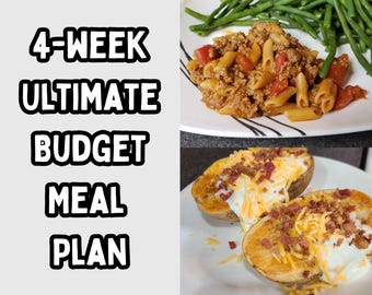 Budget Friendly Meal Plan; 4 Weeks of Cheap Meals; Recipes, Pre-Filled Grocery Lists, Cost Breakdown