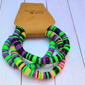 Halloween Heishi Bracelet Stack; Clay Bead Bracelets; Halloween Bracelets; Stretch Bracelet Pack; Green Orange Purple Bracelet