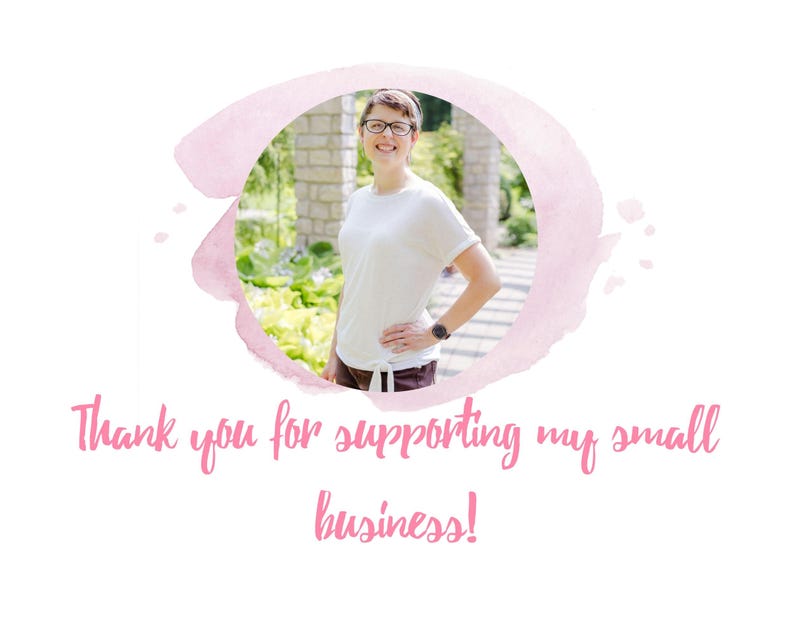 May include: A woman smiles in a white shirt and brown pants, standing in a garden setting. The image is surrounded by a pink watercolor circle. The text "Thank you for supporting my small business!" is below the image.