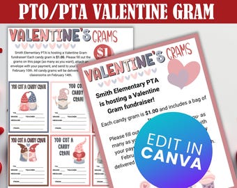 May include: A printable Valentine's Day fundraiser flyer with a pink and purple color scheme. The flyer features a gnome graphic and the text "Valentine's Crams". The flyer includes instructions for participating in the fundraiser, which involves purchasing candy grams for $1.00 each.