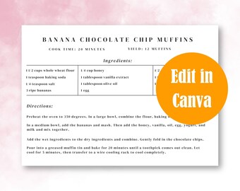 Editable Recipe Card Template, For Recipe Notebook or Recipe Box, Minimalist, Simple, Edit on Canva