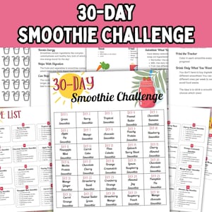Défi smoothie de 30 jours avec recettes ; Liste de courses et suivi imprimables ; Recettes de smoothies d'été ; Recettes de smoothies imprimables