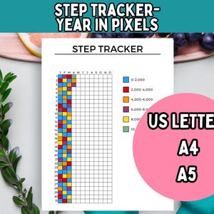 Rastreador de Passos para Imprimir; Ano em Pixels PDF; Planejador de Exercícios PDF; Para Diário de Fitness e Definição de Metas; Carta EUA, A4, A5