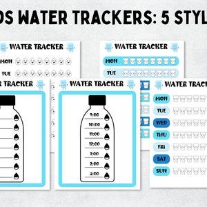 Watertrackers voor kinderen met uren; Kawaii Water Tracker-pdf's; Afdrukbare schattige watertrackers voor kinderen; Wekelijkse watertracker