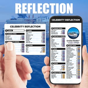 Op de afbeelding: Twee smartphones tonen de "Celebrity Reflection" cruise gids. De gids bevat restaurants, bars en andere activiteiten aan boord. De achtergrond toont een cruiseschip op zee.