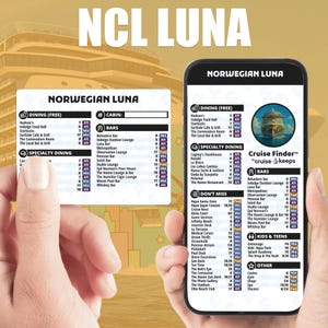 Peut inclure: Deux écrans de smartphone affichant les informations du navire de croisière "Norwegian Luna". Les écrans montrent les options de restauration, les bars, les restaurants de spécialités et les activités. Le fond est beige clair avec le texte "NCL LUNA" en haut.