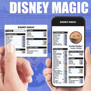 May include: Two smartphones showing the "Disney Magic" cruise ship map. The screens display dining options, bars, kids' clubs, and other onboard facilities. The text "Cruise Finder" is visible.