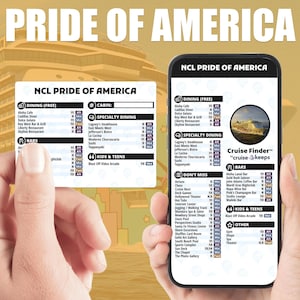 May include: A smartphone displays a cruise ship's dining, bar, and entertainment options, with the text "NCL Pride of America." The screen shows categories like "Dining," "Specialty Dining," and "Bars," with a list of venues and times. The background features the words "Pride of America."