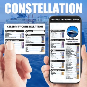 Può includere: Due smartphone che mostrano le opzioni di ristorazione, cabina e intrattenimento della nave da crociera Celebrity Constellation. Gli schermi mostrano elenchi di luoghi, tra cui bar, ristoranti e attività.