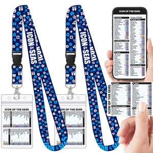 May include: Two navy blue lanyards with white and light blue nautical-themed patterns and the text "ICON OF THE SEAS". Each lanyard has a clear plastic ID holder and a black buckle. A smartphone and card with the same text are also visible.