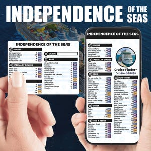 May include: A smartphone screen shows a cruise ship's guide, labelled "Independence of the Seas." The guide details dining, bars, and activities, with a ship graphic. The phone is held by a person.