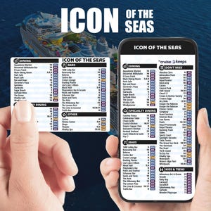 Puede incluir: Un teléfono inteligente muestra un mapa detallado del crucero Icon of the Seas, destacando restaurantes, bares y actividades. La pantalla muestra varios lugares, incluyendo restaurantes, bares y lugares de entretenimiento, con horarios asociados.