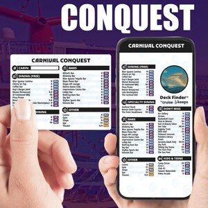 May include: A mobile phone screen shows a Carnival Conquest cruise deck plan, detailing dining, bars, and activities. The plan lists restaurants, bars, and entertainment, including specialty dining and kids' areas.