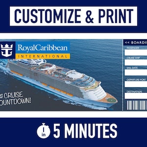 Modelo de Bilhete de Cruzeiro da Royal Caribbean | Cartão de Embarque Personalizado - Editável, Download Instantâneo e Impressão - Férias de Cruzeiro Surpresa