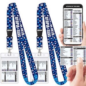 May include: Two blue lanyards with white text "UTOPIA OF THE SEAS" and a pattern of white and blue icons. Each lanyard has a clear plastic ID holder. A smartphone displays a cruise map.
