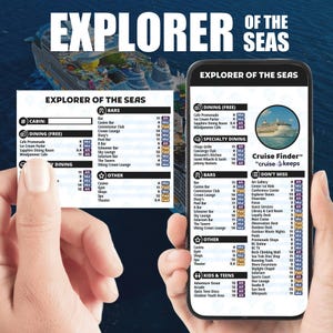 May include: A smartphone displays a detailed cruise map titled "Explorer of the Seas." The screen lists dining, bars, and activities, including "Cruise Finder" and "Don't Miss" sections. The image also shows a cruise ship in the background.