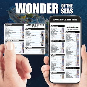 May include: Two smartphones showing a cruise ship deck plan, labelled "Wonder of the Seas." The screens list dining, bars, specialty dining, and activities. The background shows a cruise ship and the words "Wonder of the Seas."