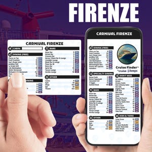 Cartões de localização de convés para o navio Carnival Firenze - Cartão localizador de recursos de cruzeiro e cartão telefônico (digital - download instantâneo e impressão)