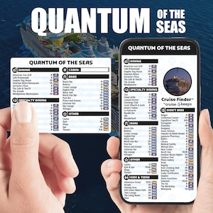 May include: A smartphone screen displays a detailed map of the Quantum of the Seas cruise ship, listing dining, bars, specialty dining, and other amenities. The ship's name is prominently displayed at the top.
