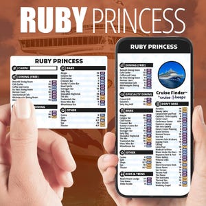 May include: A smartphone screen displays a menu for the Ruby Princess cruise ship, listing dining, bars, and other amenities. The text "RUBY PRINCESS" is at the top, with a smaller menu on the left. The image is held by a person.