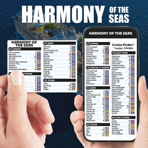 以下が含まれることがあります： スマートフォン画面には、Harmony of the Seasクルーズ船の詳細な地図が表示され、ダイニング、バー、エンターテイメントのオプションがリストされています。船の名前は上部にあります。